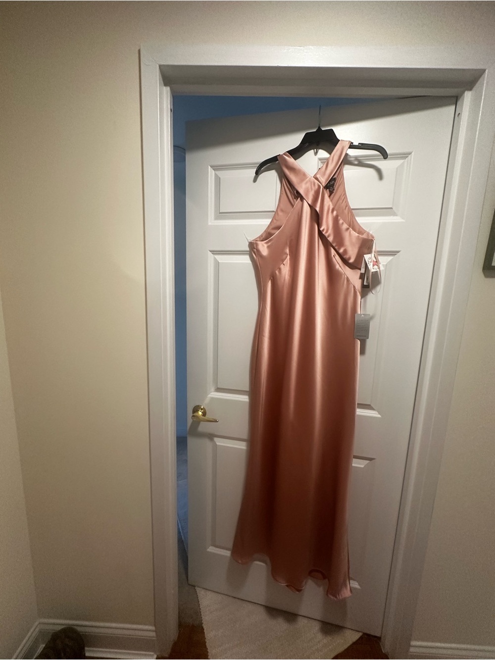 Nordstrom Satin Halter Cross-Back Maxi Dress in Rose Gold.